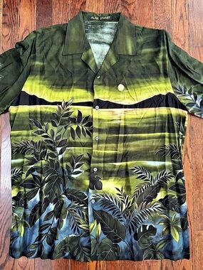 VTG 1980s Alan Stuart Tropical Sunset Landscape Resort Camp Shirt Green Blue LRG